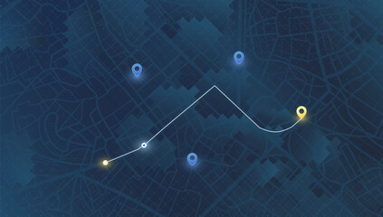 Car navigation map. Route planning with destination marker and ETA. GPS tracking system to navigate around the city. City map with car icon on planned route. Vector illustration