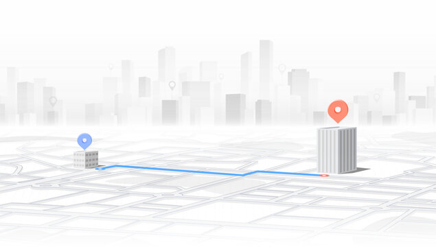 We moved. 3D navigation map with route and location pin. Perspective city map with navigation route to new delivery redirection. Communication about moving relocation announcement. Vector illustration