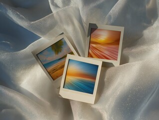 Evocative beach and sunset memories captured in modern polaroid prints, perfect for travel blogs or nostalgic summer campaigns