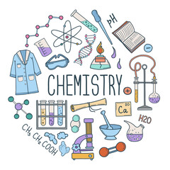 Chemistry elements composition. Doodle science vector poster
