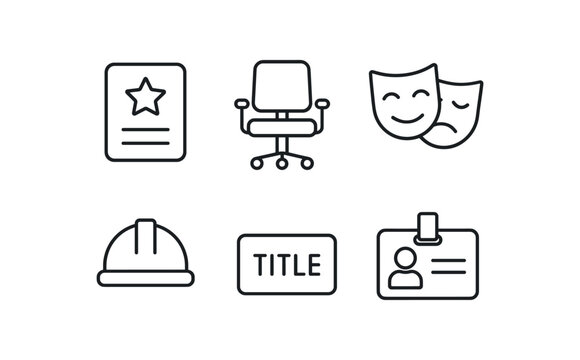 simple outline stroke icon isolated on white background: role badge job actor mask worker hat title tag duty card