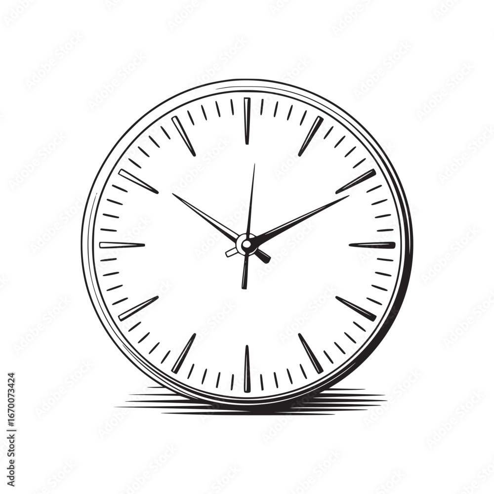 Poster a simple black and white drawing of a round clock with hands showing the time on a white background
