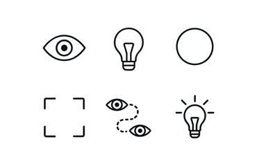simple outline stroke icon isolated on white background: insight eye light bulb clear lens focus ring path idea spark