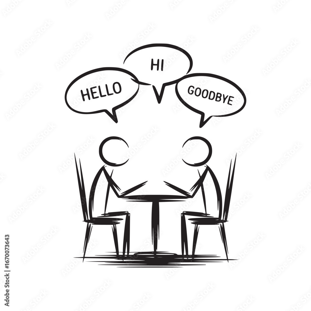 Poster two stick figures at a table with hello hi and goodbye speech bubbles in a black and white drawing