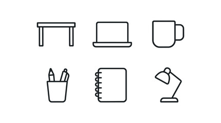 simple outline stroke icon isolated on white background: desk table laptop top coffee mug pen holder notebook pad office lamp
