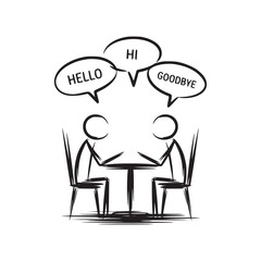 Two stick figures at a table with hello hi and goodbye speech bubbles in a black and white drawing
