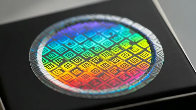 Semiconductor wafer reflecting vibrant colors on black surface, showing patterned design. Wafer design reflects light, creating a spectrum. Concept semiconductor wafer for video presentations