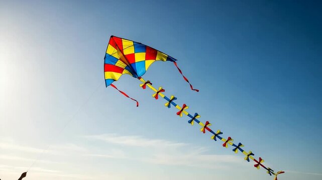 Colorful kite against blue sky is soaring high, displaying a vibrant pattern. Kite design features diamond and square shapes in red, yellow, and blue, adding visual appeal. Enjoy kite flying