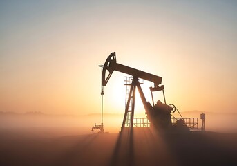 Silhouette of an oil pump jack at sunrise, casting long shadows across a misty landscape.