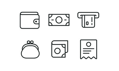simple outline stroke icon isolated on white background: wallet leather cash note card slot coin pocket fold bill payment slip
