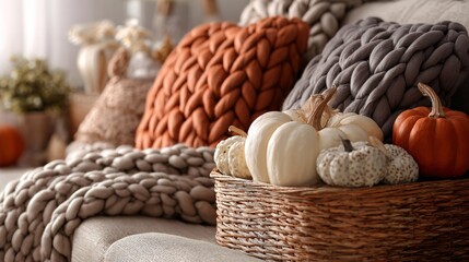Obraz premium A cozy couch scene with knit blankets and pumpkins styled in a corner basket