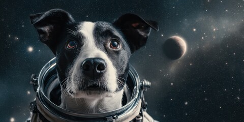 Dog in astronaut suit exploring space with planets in the background during an imaginative cosmic adventure