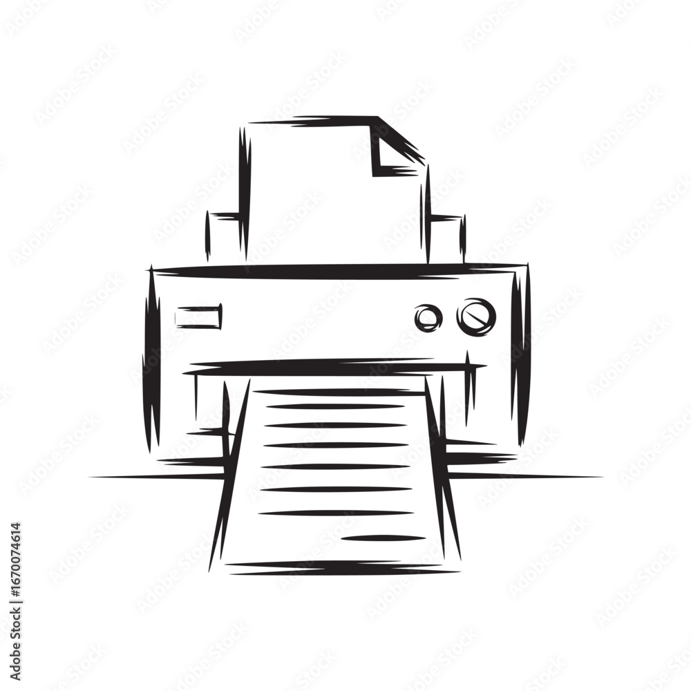 Poster a black and white sketch of a printer with paper coming out of it on a white background image view
