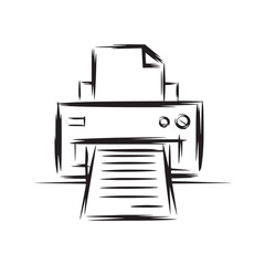 A black and white sketch of a printer with paper coming out of it on a white background image view