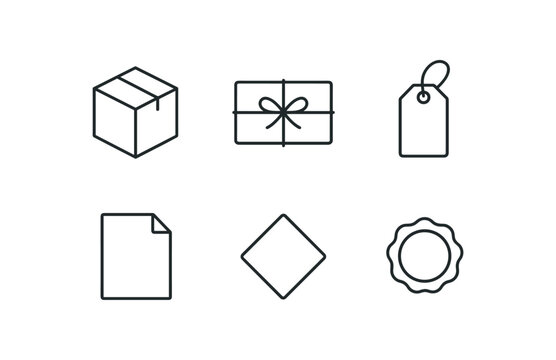 simple outline stroke icon isolated on white background: package wrapped paper string tie label mark folded edges seal stamp