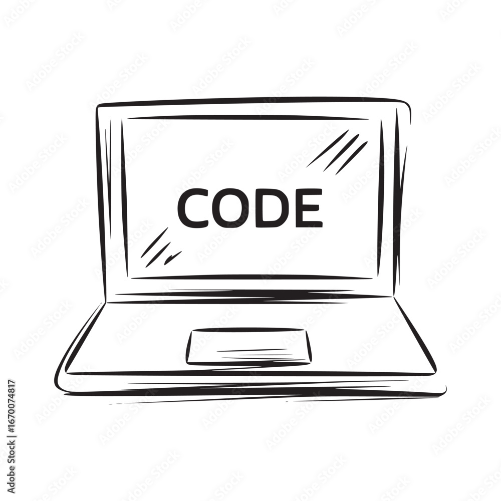 Poster a simple drawing of a laptop with the word code displayed on the screen in black and white outline