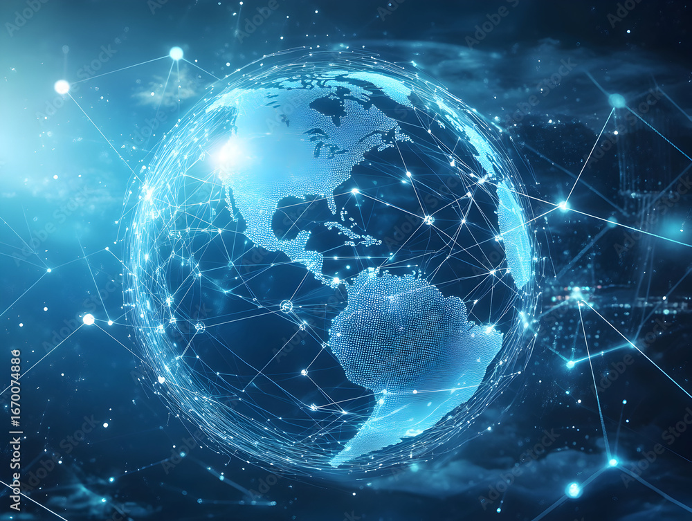 Poster global network connection visualized as a glowing digital earth, showcasing intricate data streams a