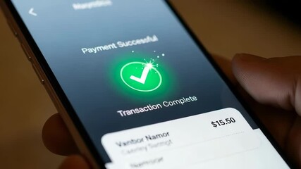Successful payment on phone showing transaction complete and glowing check mark on screen, demonstrating digital banking success. - Powered by Adobe