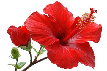 Vibrant red hibiscus blossom, unfurling against a clean white backdrop, paired with bud and stem detail