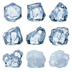 Obraz premium Ten distinct, serene fractured ice elements, crystalline formations, geometric and organic shapes, cool blue to white, on a transparent background, macro studio product photography concept