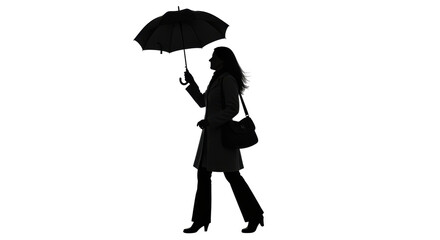 Isolated walking silhouette woman with umbrella