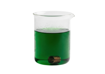 Robust frosted glass laboratory beaker with still forest-green solution and tarnished copper coil, on transparent background with copy space, scientific precision and meticulous experimentation