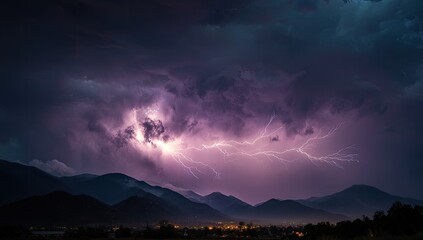 Dramatic lightning storm over a mountain range at night.  Dark purple and pink clouds fill the sky, with vivid lightning bolts striking. Silhouettes of mountains rise in the distance