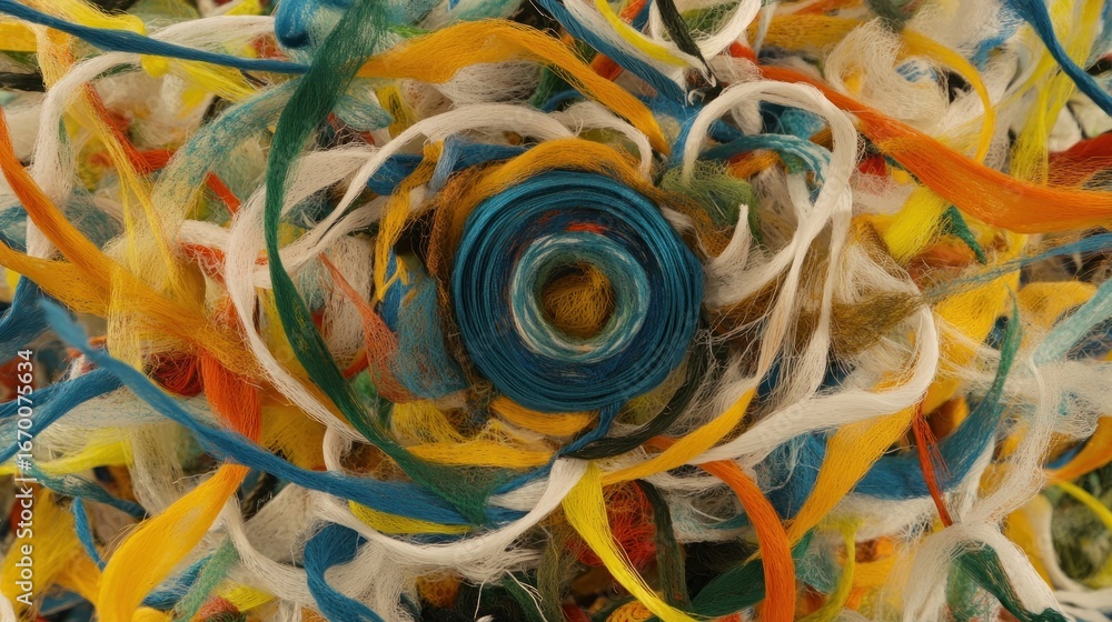 Poster abstract composition of colorful intertwined threads and textile ribbons creating a vibrant