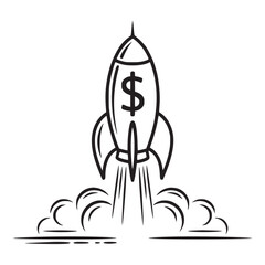 A black and white outline of a rocket ship with a dollar sign taking off with smoke and flames below it