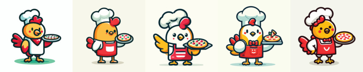 Cartoon Chicken Chef Vector Set – Adorable Hen Cooking Pizza