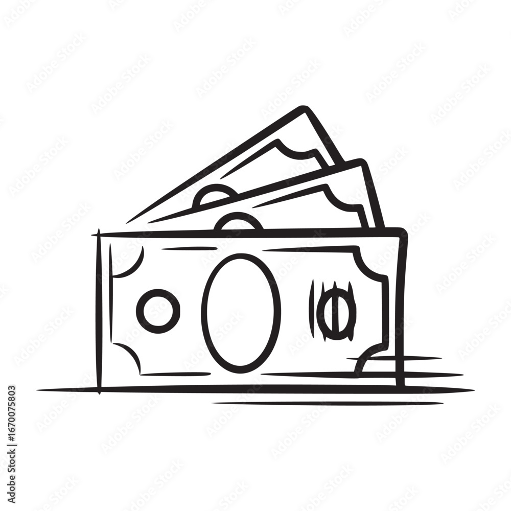 Poster a simple line drawing of a stack of paper money with visible details on each bill in black and white