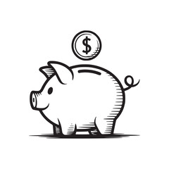 A black and white drawing of a piggy bank with a dollar coin above it on a white background image