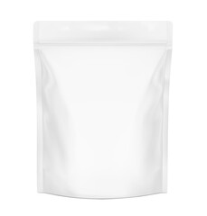 Realistic stand up pouch bag with zip lock and finger handle mockup with transparent shadow. Front view. Vector illustration isolated on white background. Ready for your design. EPS10.