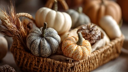 A holiday gift basket mockup with mini pumpkins and natural packaging