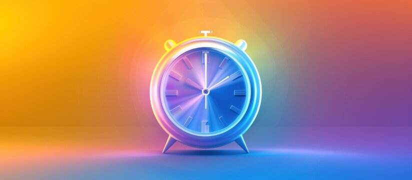 A 3D render of a silver alarm clock with a blue face in a colorful background. - Powered by Adobe