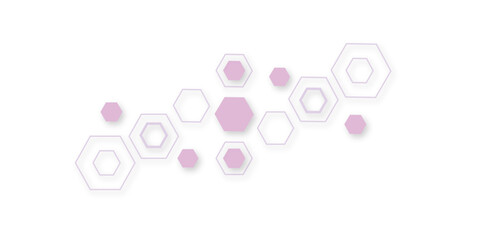 A minimalist abstract background featuring a scattered cluster of geometric hexagons, with solid shapes and outlines in soft lavender and a subtle drop shadow on a clean white surface.