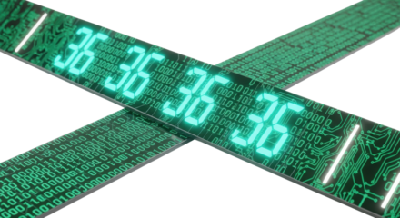 Futuristic data ribbon, glowing teal indicators, emerald binary code, circuit boards, isolated on bright white background with copy space, high-tech data flow concept