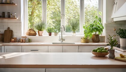 Fototapeta premium bright kitchen with white counters by window