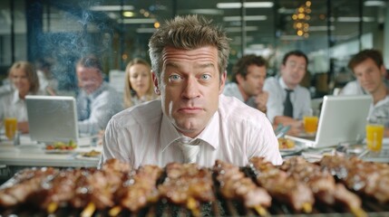 Businessman grilling skewers in office with colleagues watching intently