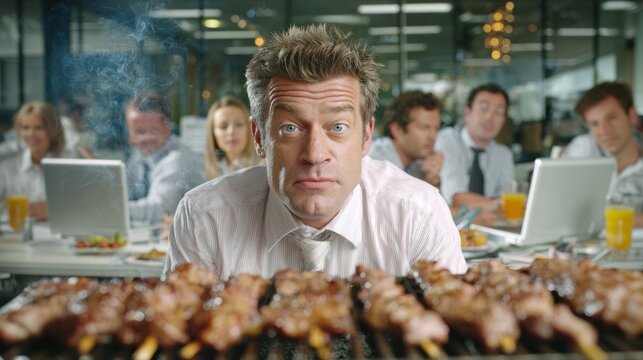 Businessman grilling skewers in office with colleagues watching intently