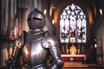 A Medieval Knight's Armor Stands Guard in a Majestic Cathedral