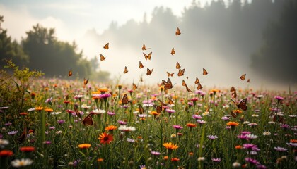 morning view with a swarm of butterflies in a flower garden