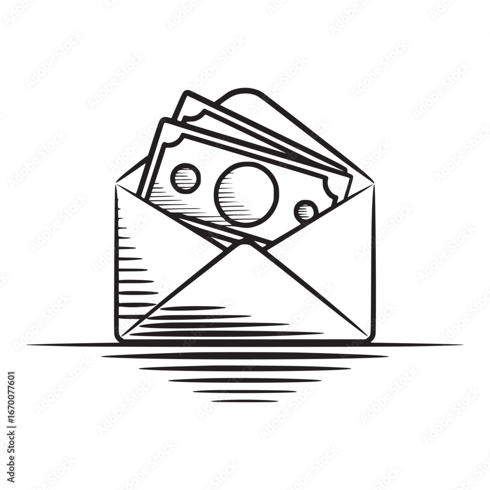 Poster an open envelope with money visible inside in a black and white line drawing style illustration desi