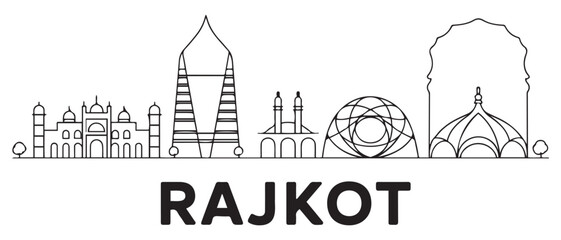 Rajkot Line Art Skyline with India Travel, and tourism. with white background