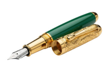 A luxurious, ornate fountain pen with a deep emerald green resin barrel, unscrewed gold cap, and polished steel nib, isolated on a transparent background. Concept of luxury craftsmanship