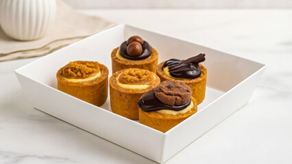 A selection of five mini tarts with rich and creamy fillings, topped with caramel, chocolate, and crushed biscuits, presented in a minimalist white box. Perfect for a dessert menu