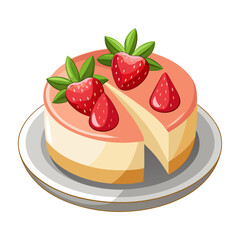 Delicious Strawberry Cheesecake Vector Illustration on White Plate, Sweet Dessert Artwork, Perfect for Bakery, Menu, Recipe, Food Design Projects