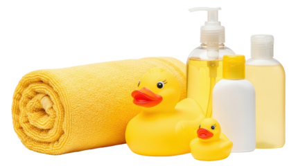 Isolated Bath Items with Yellow Rubber Ducks