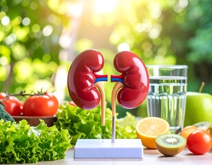 Healthy kidneys surrounded by fresh produce