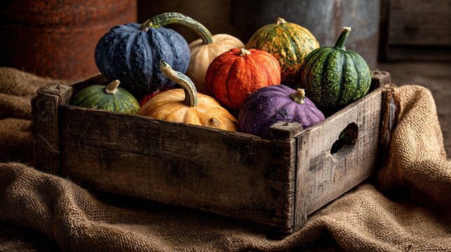 A rustic wood crate overflowing with multicolored squashes on a burlap blanket